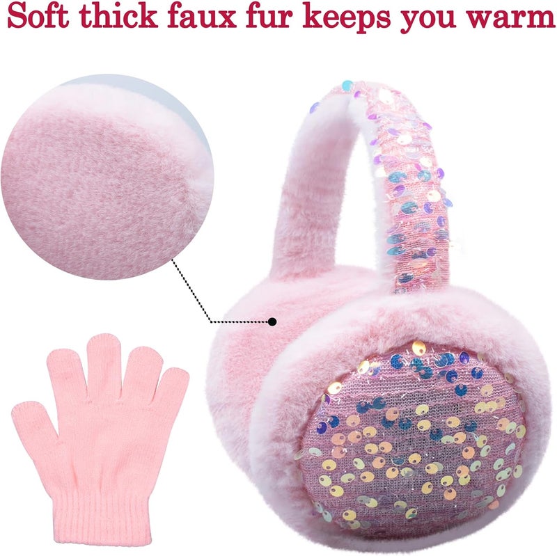 EDCYF Ear Muffs Gloves Set for Kids Girls Winter Ear Muffs Adjustable Sequins Warm Earmuffs Furry Outdoor - Image 4